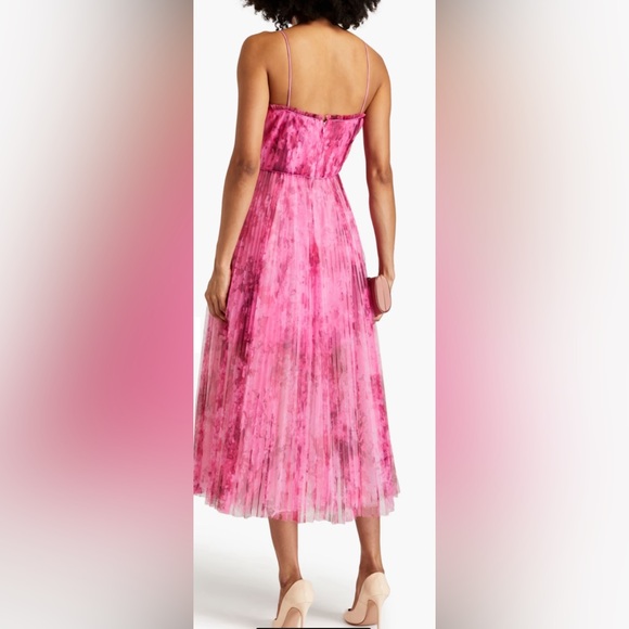 ML Monique Lhuillier Pleated Printed Tulle Midi Dress Women Size 8 - Picture 6 of 14
